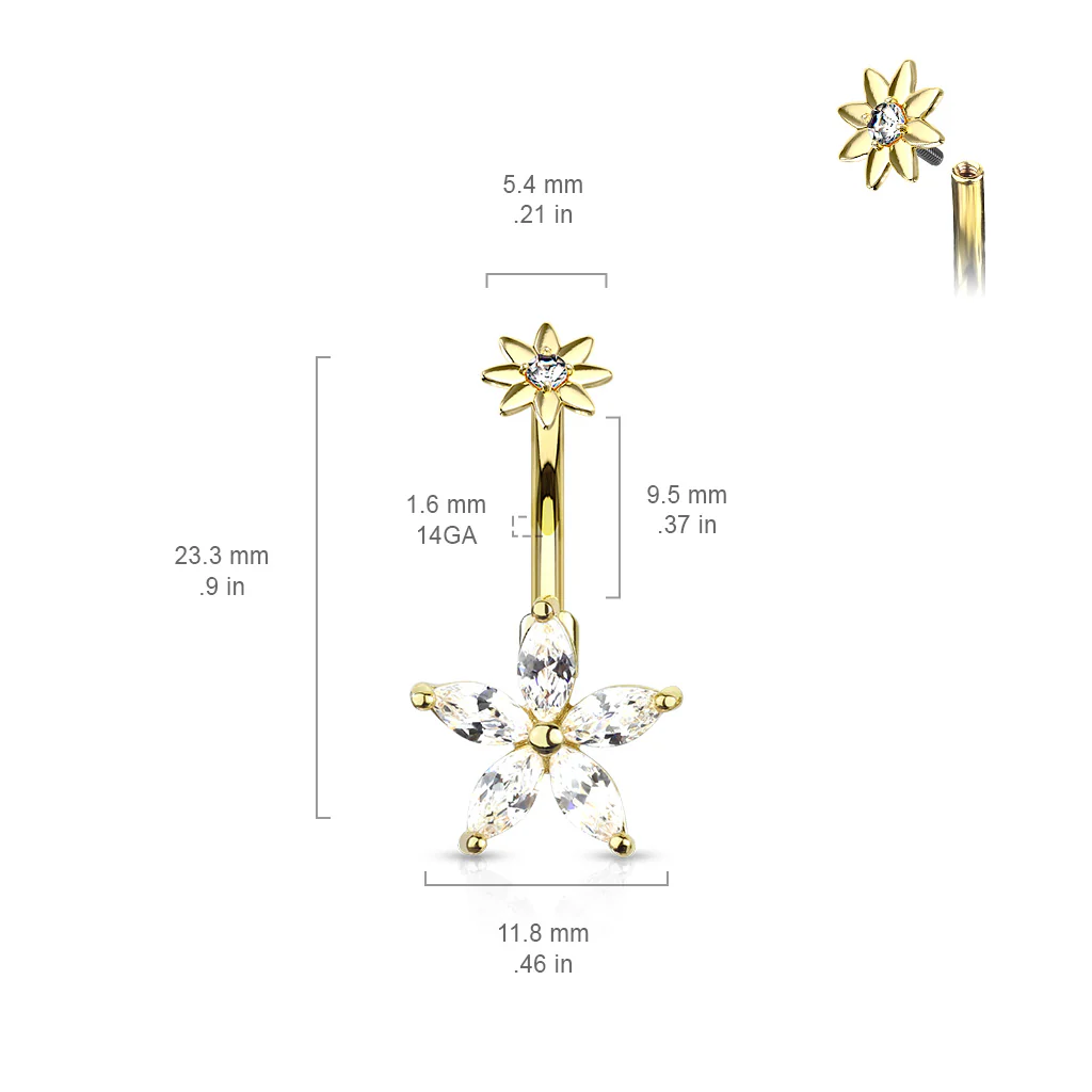 5 Marquise CZ Petal Flower With Internal Threaded Flower Top Navel Belly Button Ring - Image 3