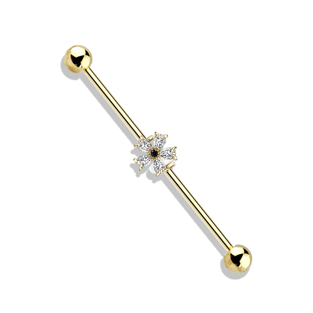 Black CZ Center 5 Pear CZ Flower 316L Surgical Steel Industrial Barbells - Image 2