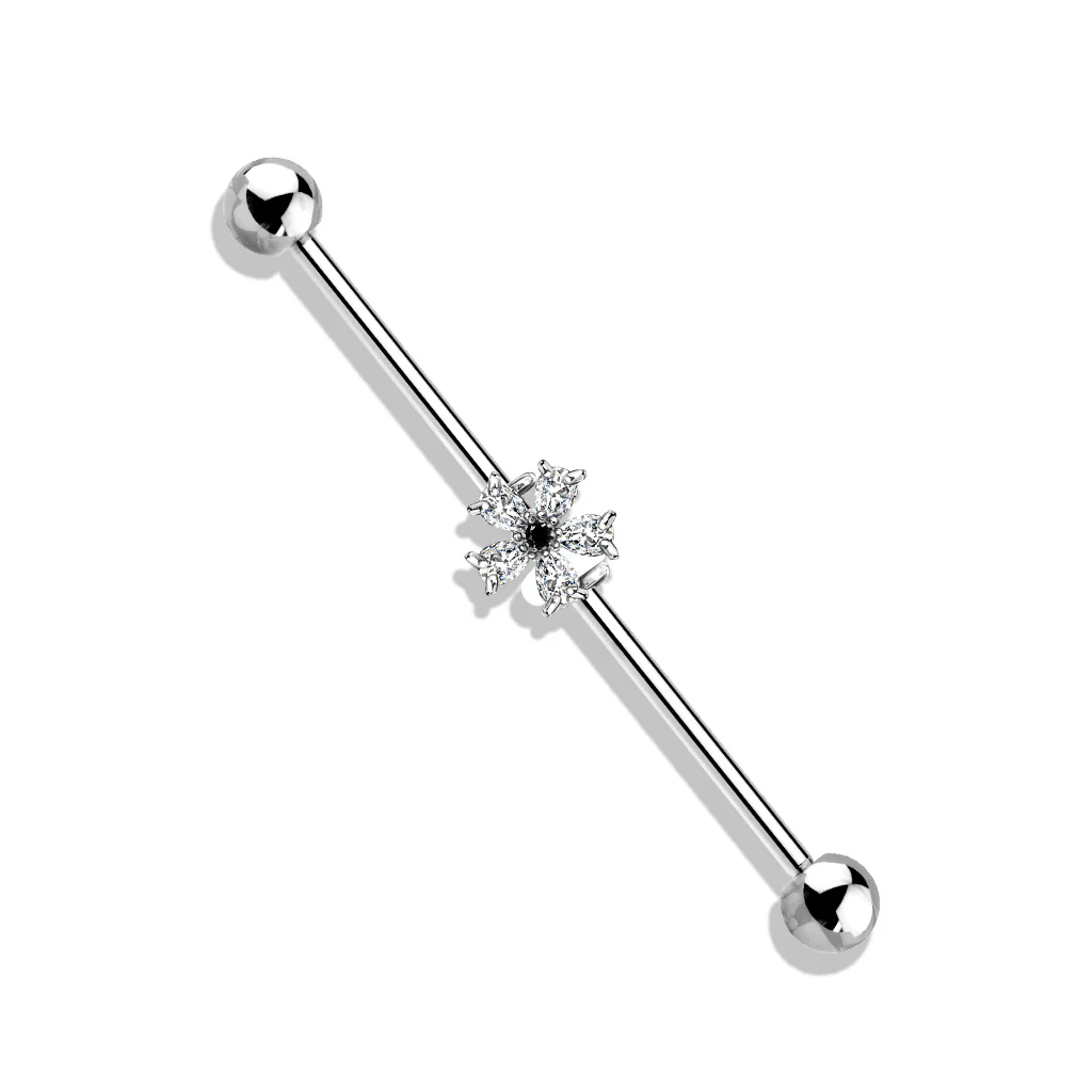 Black CZ Center 5 Pear CZ Flower 316L Surgical Steel Industrial Barbells - Image 3