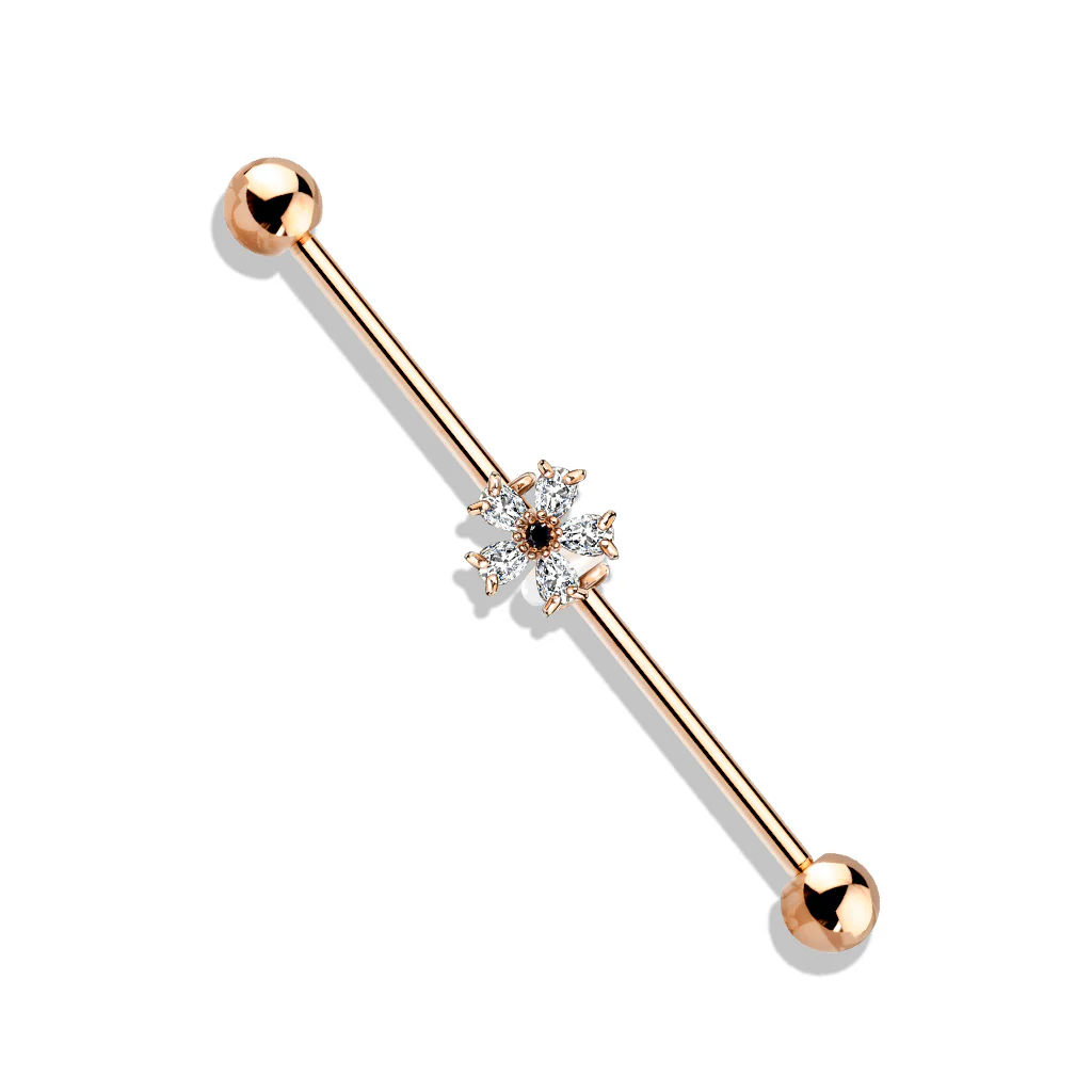 Black CZ Center 5 Pear CZ Flower 316L Surgical Steel Industrial Barbells - Image 4
