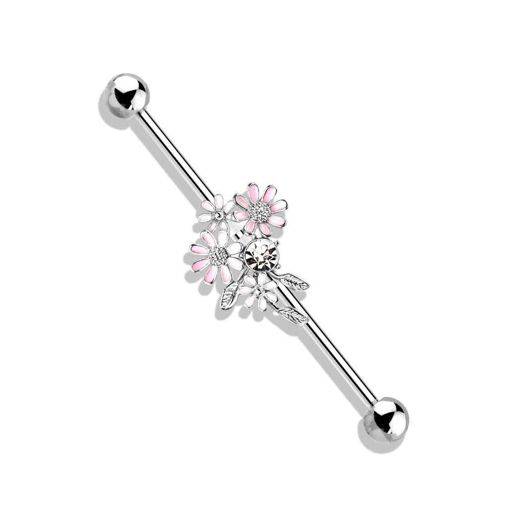 CZ And Enamel Flower Bouquet 316L Surgical Steel Industrial Barbells - Image 2
