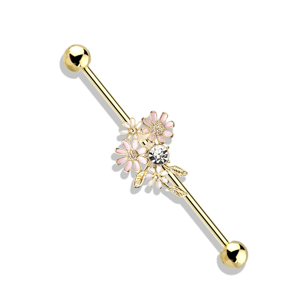 CZ And Enamel Flower Bouquet 316L Surgical Steel Industrial Barbells - Image 4