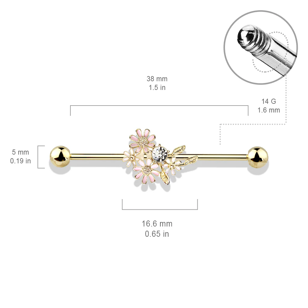 CZ And Enamel Flower Bouquet 316L Surgical Steel Industrial Barbells - Image 5