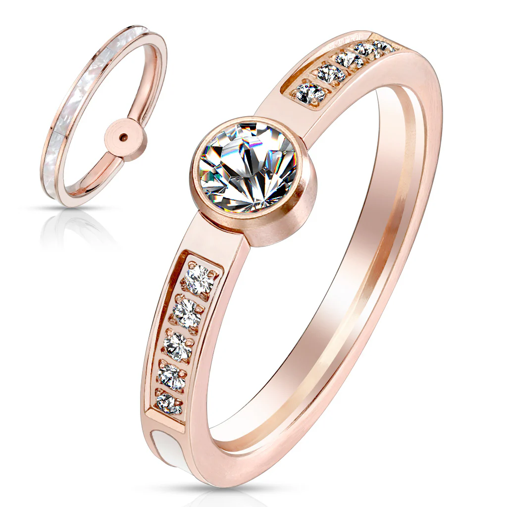 Mother Of Peal Inlaid Center With CZ Center Rose Gold Rings