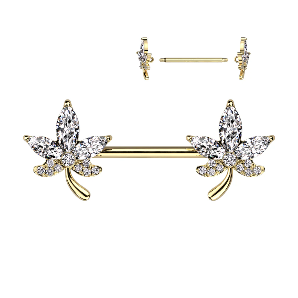 Pair of CZ Leaf Ends NippleBarbell Rings - Image 3