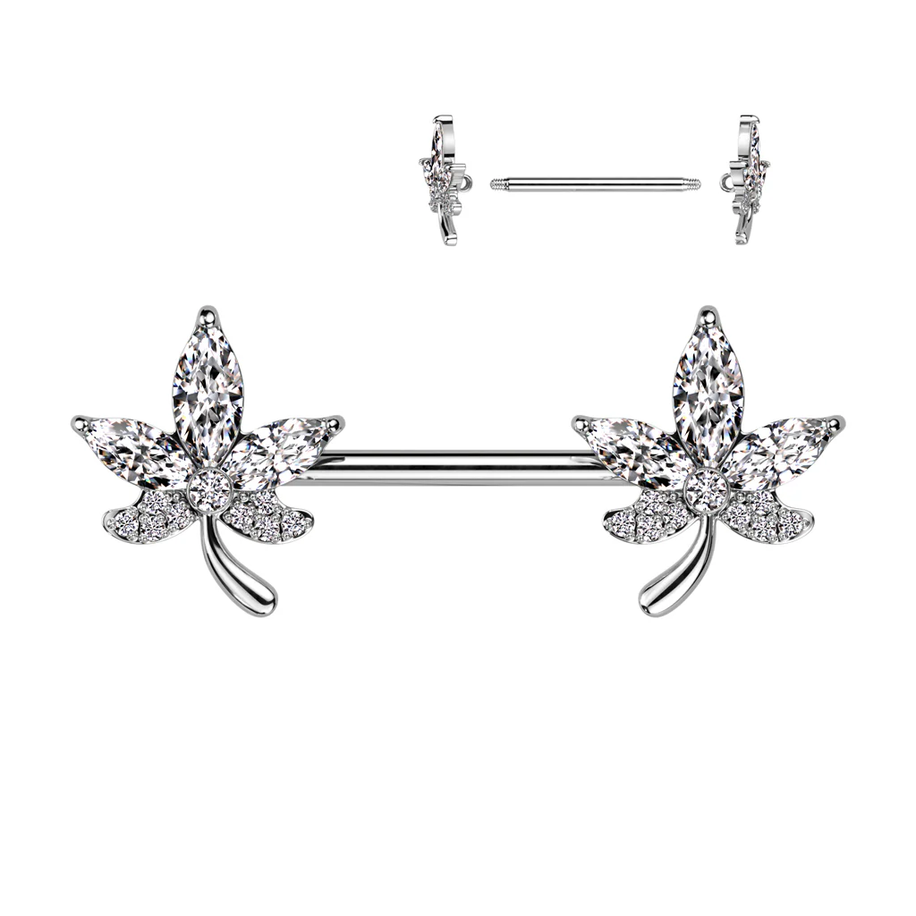 Pair of CZ Leaf Ends NippleBarbell Rings - Image 4