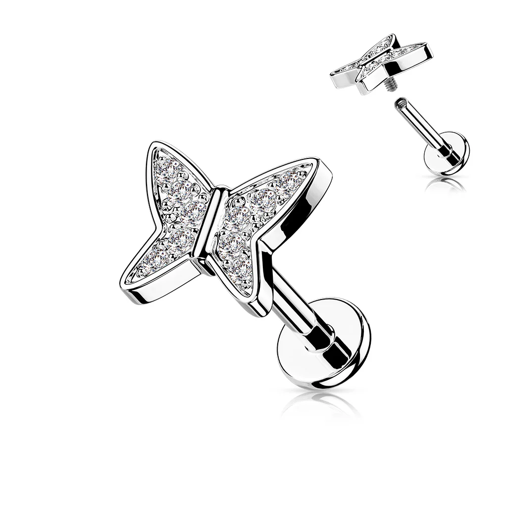 CZ Paved Butterfly Top Labret Tragus Snug Ear Cartilage Helix Studs - Image 6