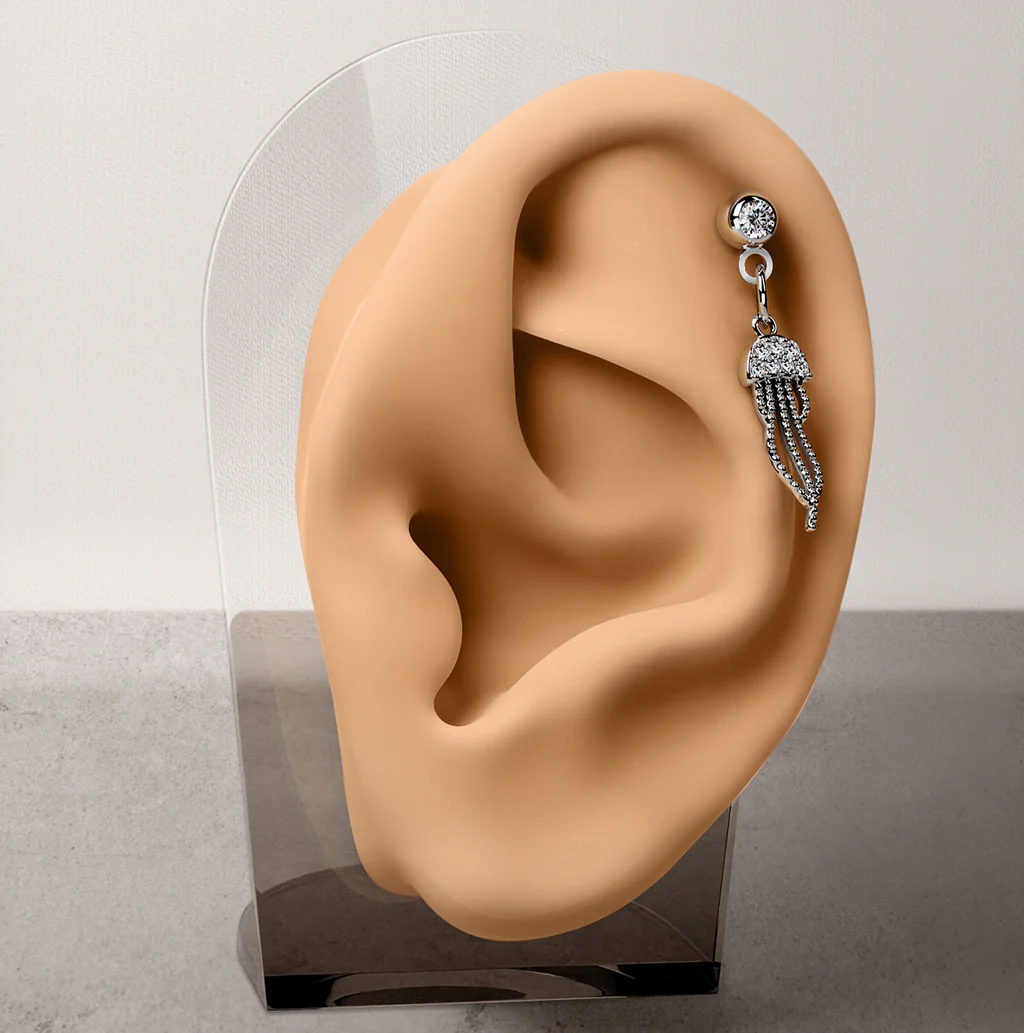 CZ Pave Jellyfish Dangle Ear Cartilage Helix Daith Tragus Barbell Earrings - Image 2