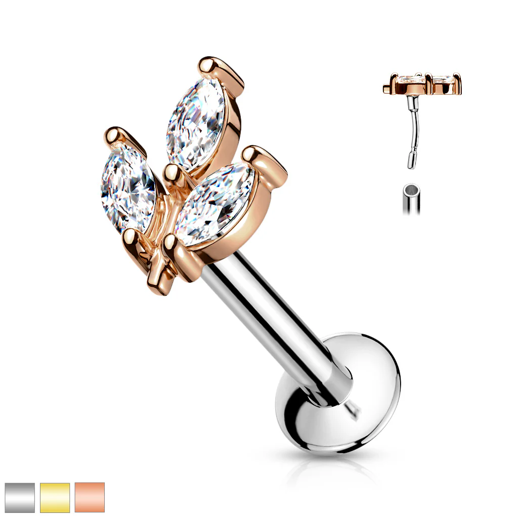 Threadless 3 Marquise CZ Top Labret Tragus Snug Ear Cartilage Helix Studs - Image 3