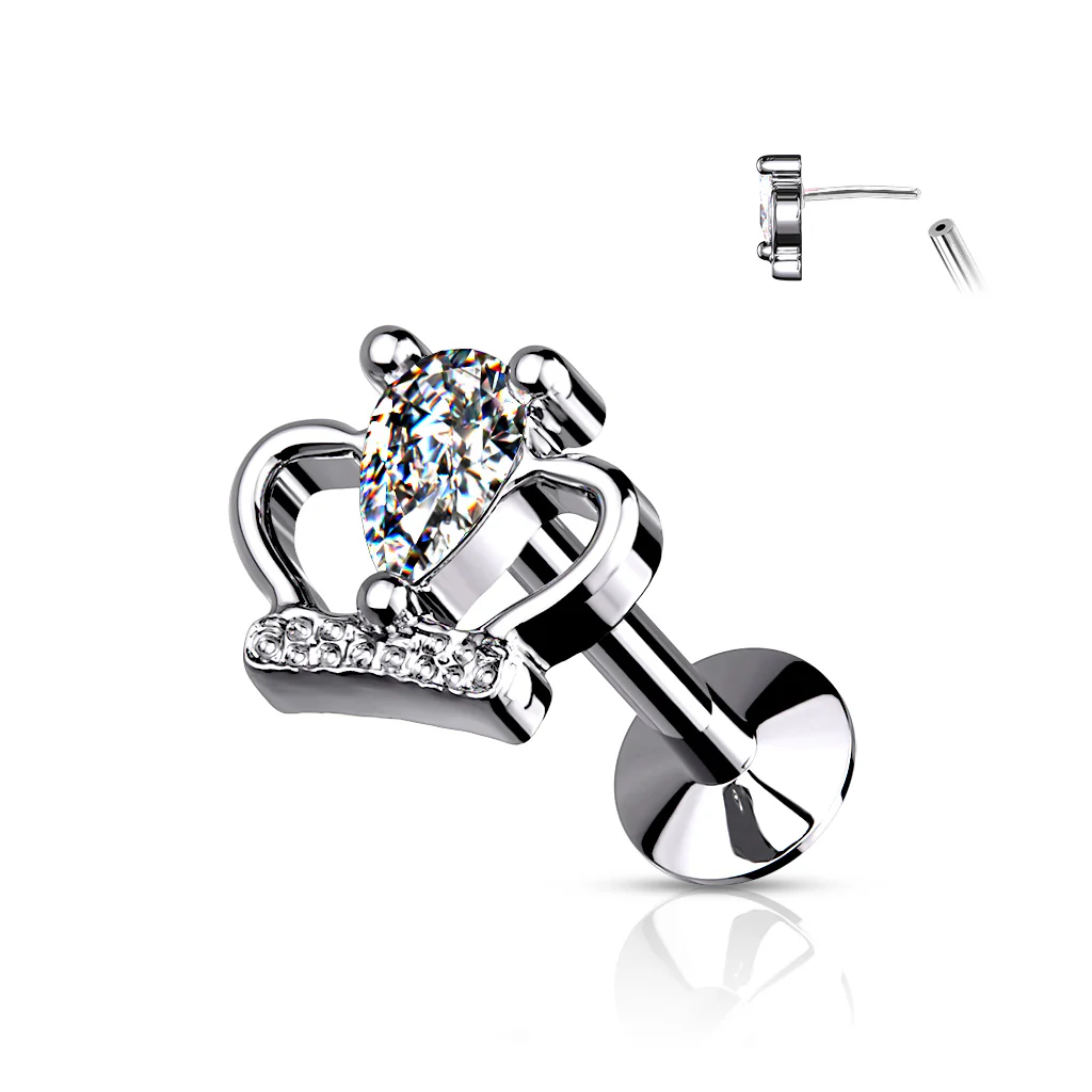 CZ Set Crown Threadless Top Labret Tragus Snug Ear Cartilage Helix Studs - Image 3