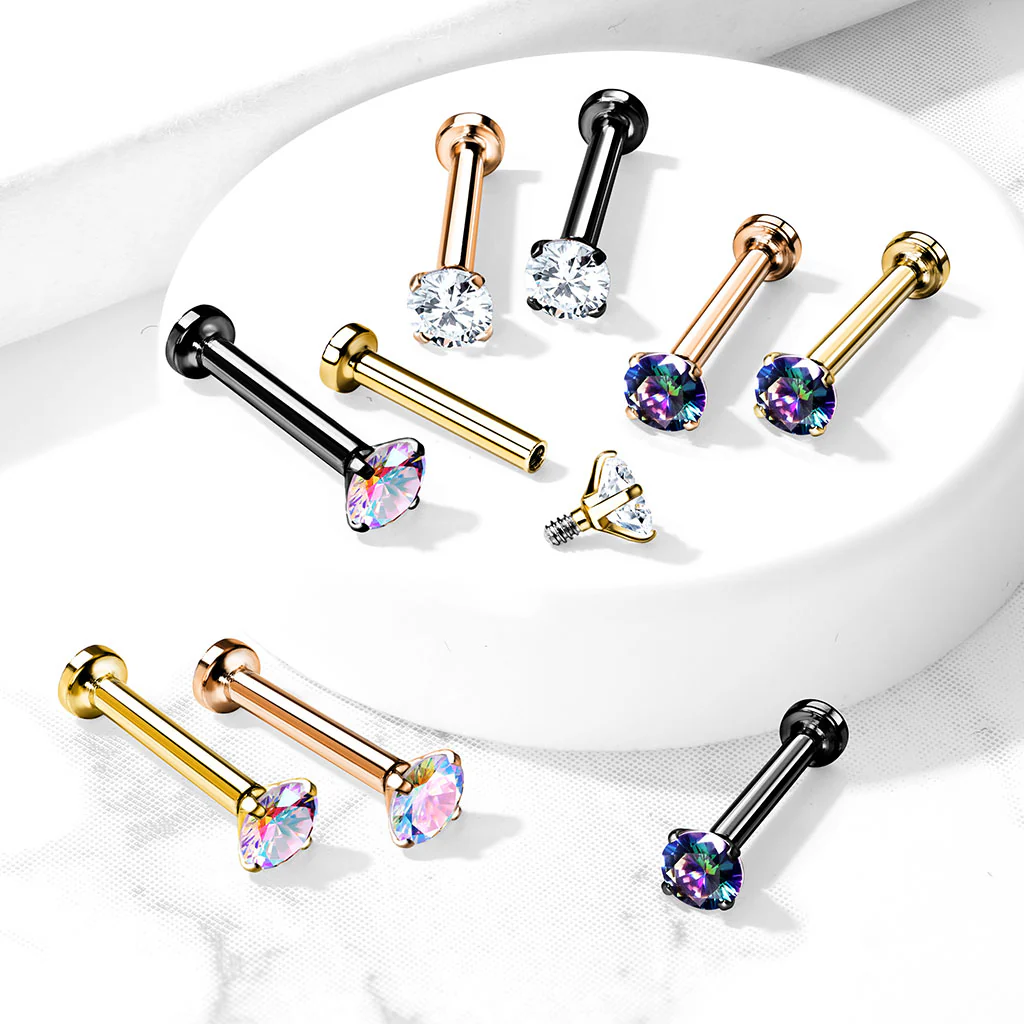 CZ Prong Top Gold Plated Lip Labret Studs For Lip Chin Nose 18G - Image 2