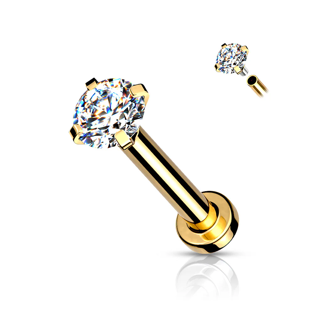 CZ Prong Top Gold Plated Lip Labret Studs For Lip Chin Nose 18G - Image 4