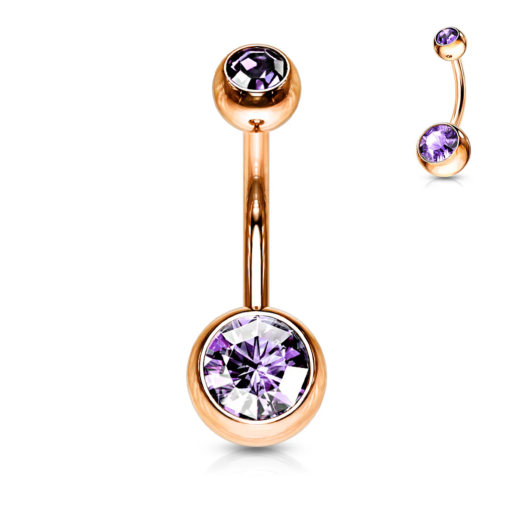 Double Gem Rose Gold Plated Belly Button Navel Rings - Image 4