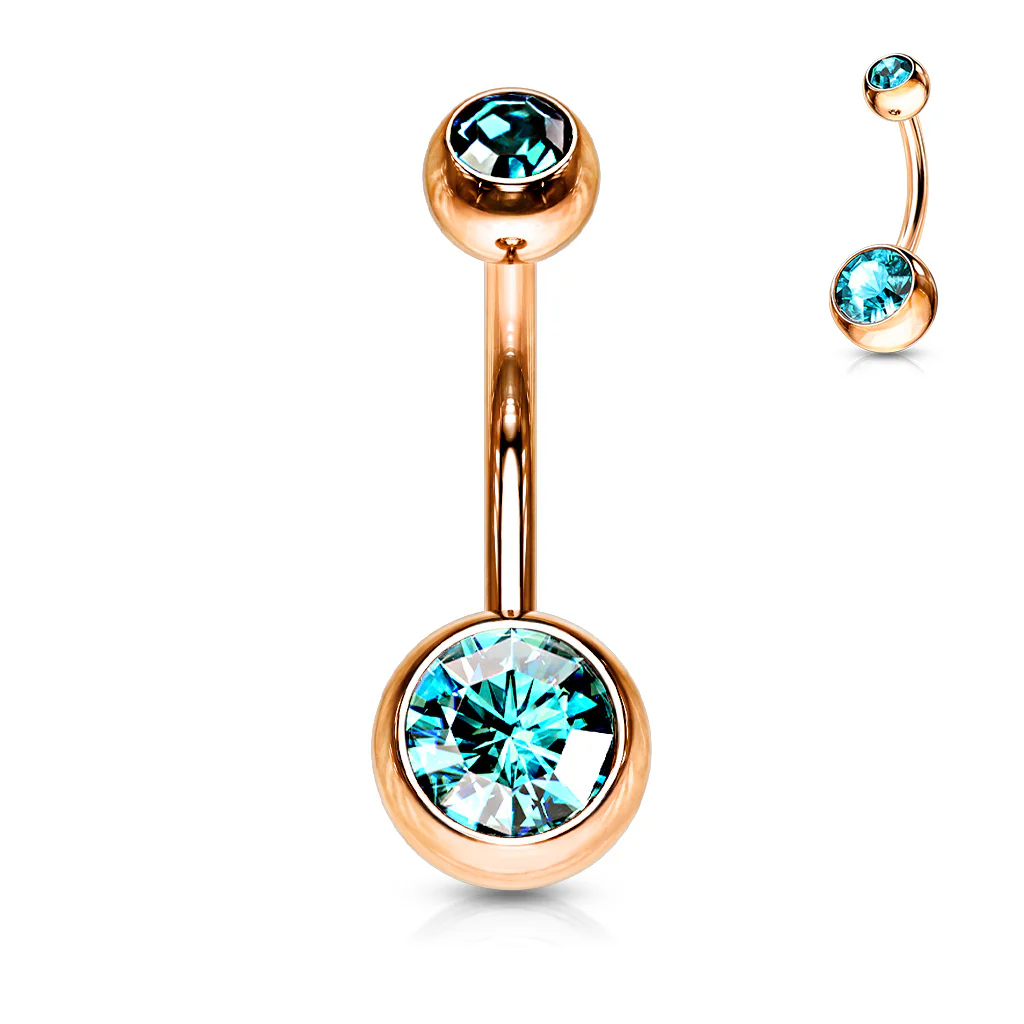 Double Gem Rose Gold Plated Belly Button Navel Rings - Image 7