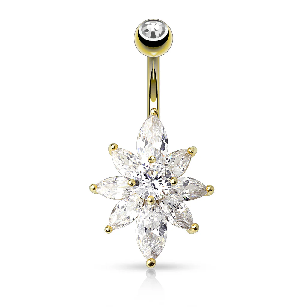Marquise CZ Petal Flower 14K Gold Plated Navel Belly Button Ring - Image 3