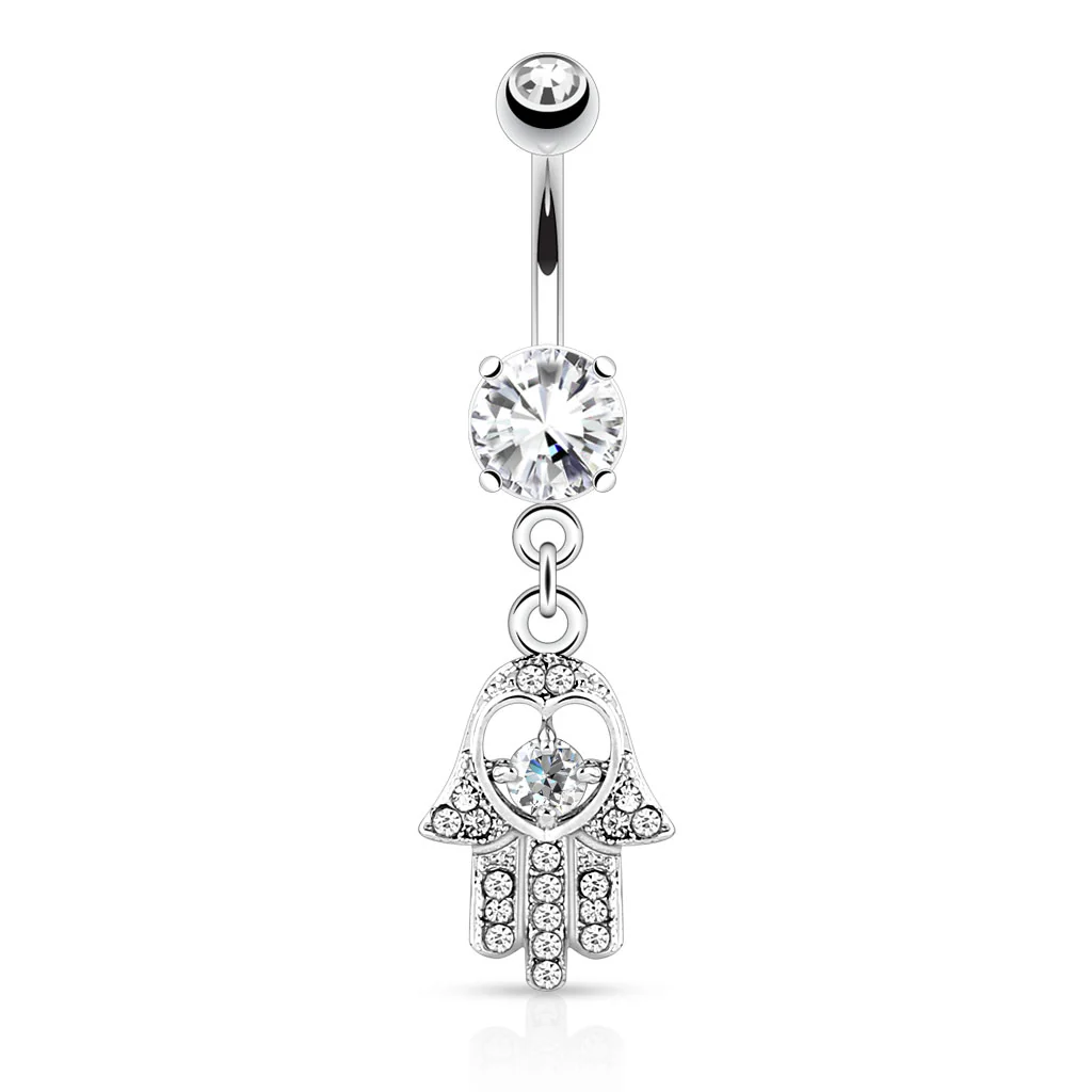 Hamsa With CZ and Gem Dangle Surgical Steel Navel Belly Button Ring - Image 2