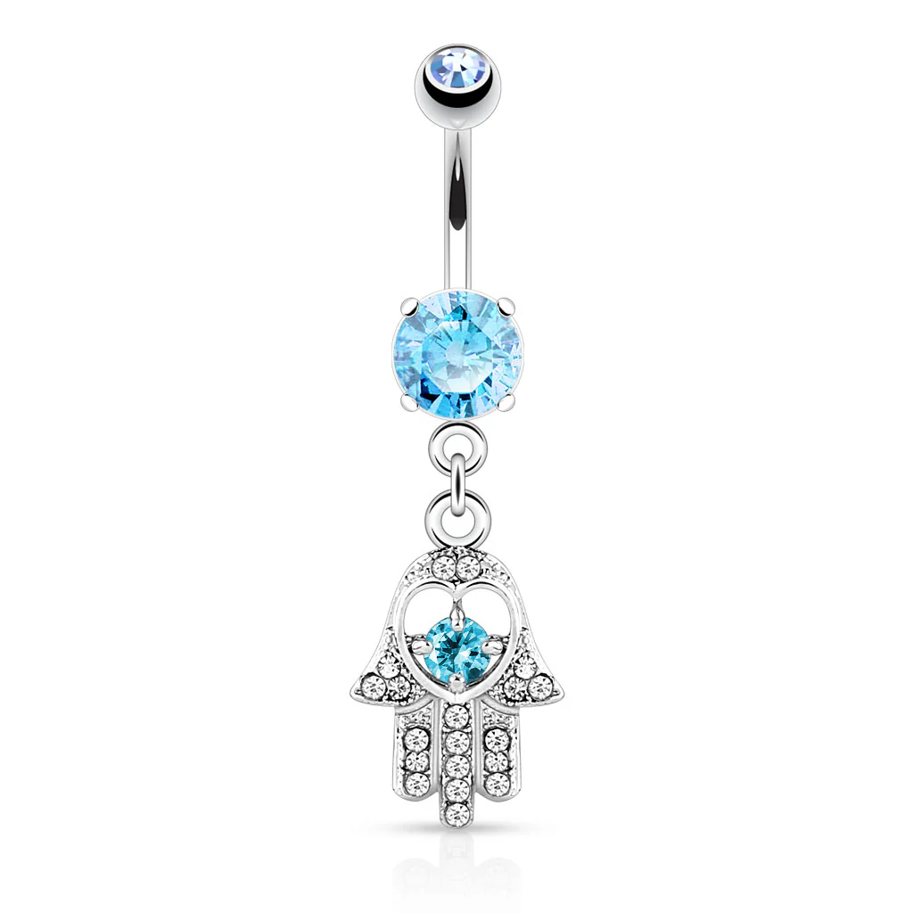 Hamsa With CZ and Gem Dangle Surgical Steel Navel Belly Button Ring - Image 3