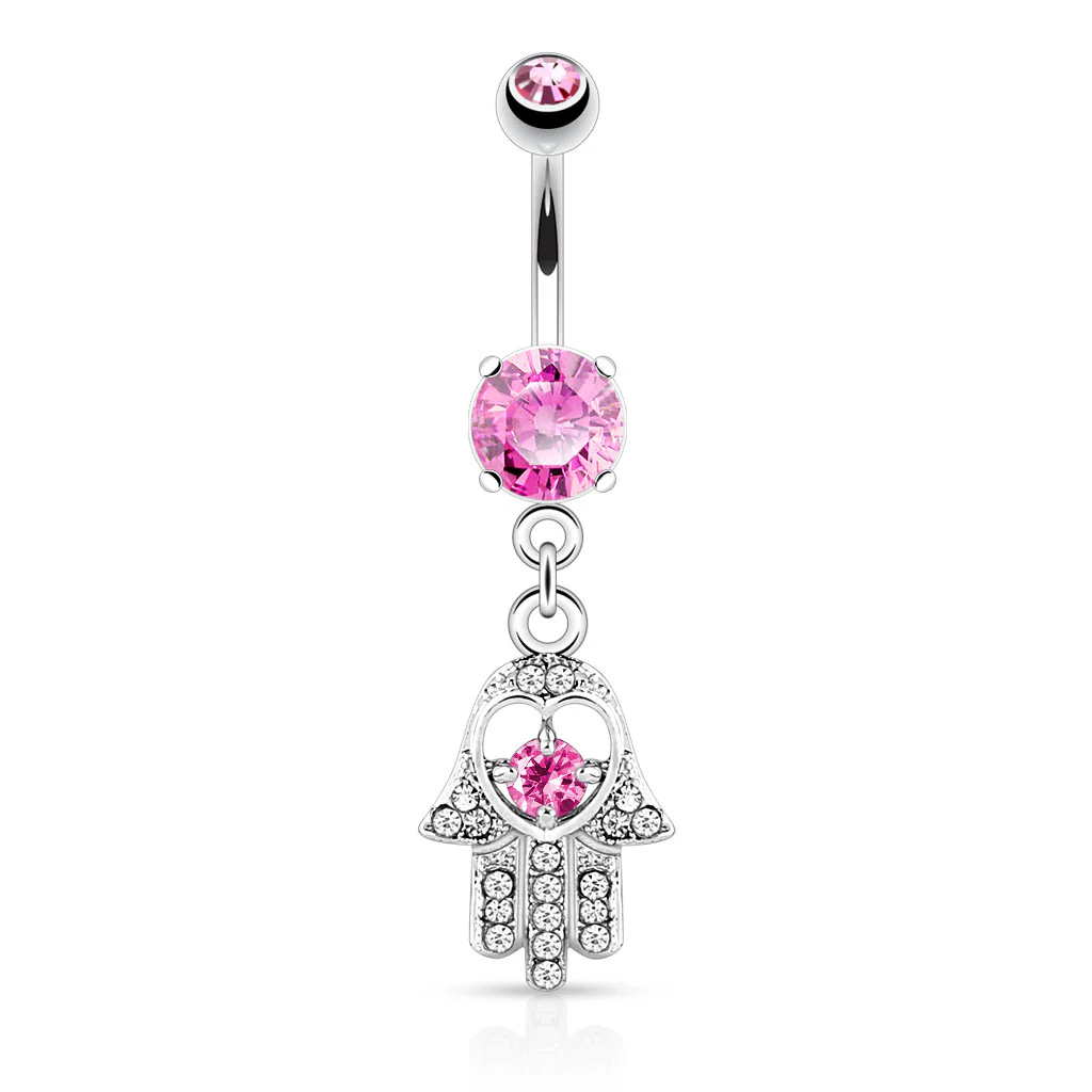 Hamsa With CZ and Gem Dangle Surgical Steel Navel Belly Button Ring - Image 4