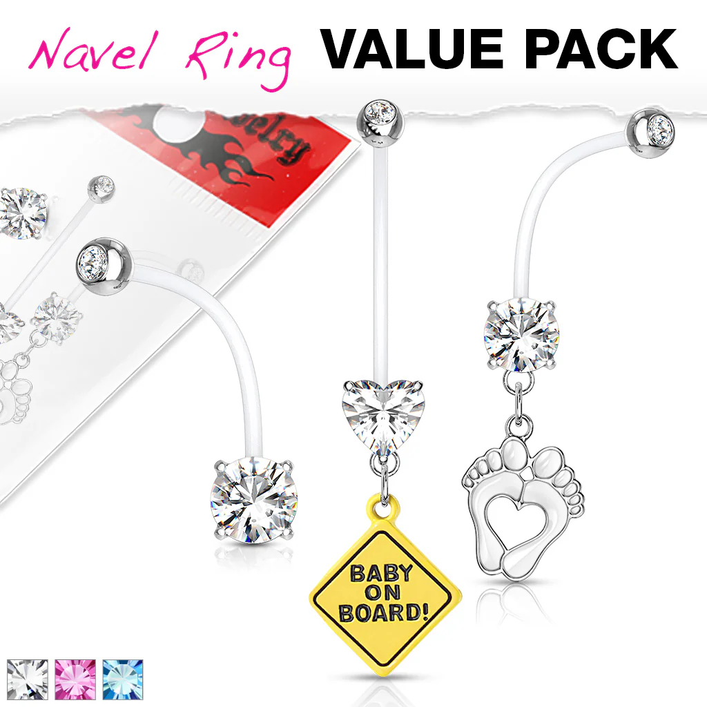 3 Pc Value Pack Pregnancy Belly With Bio Flex Barbell Belly Button Navel Ring