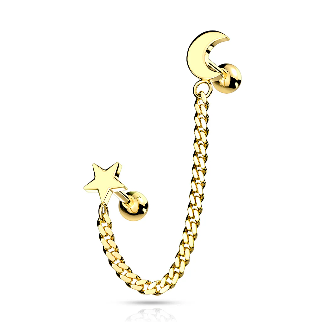Star And Chain Linked Crescent Moon Ear Cartilage Helix Tragus Barbell Earrings - Image 3