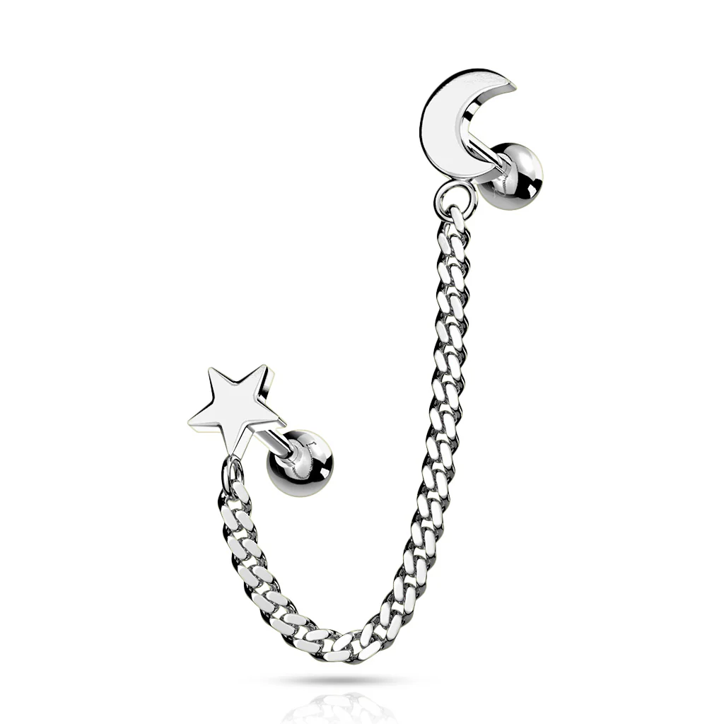 Star And Chain Linked Crescent Moon Ear Cartilage Helix Tragus Barbell Earrings - Image 4