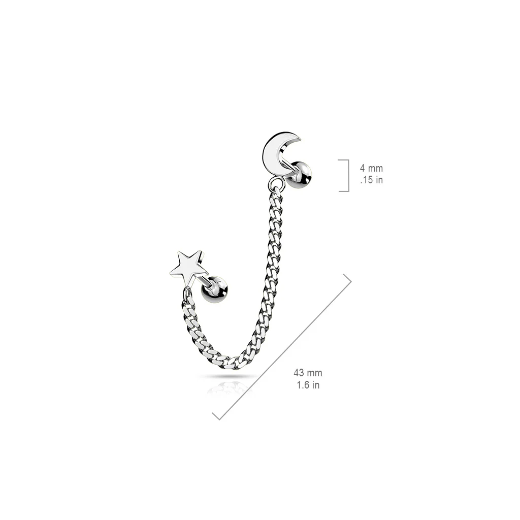 Star And Chain Linked Crescent Moon Ear Cartilage Helix Tragus Barbell Earrings - Image 5
