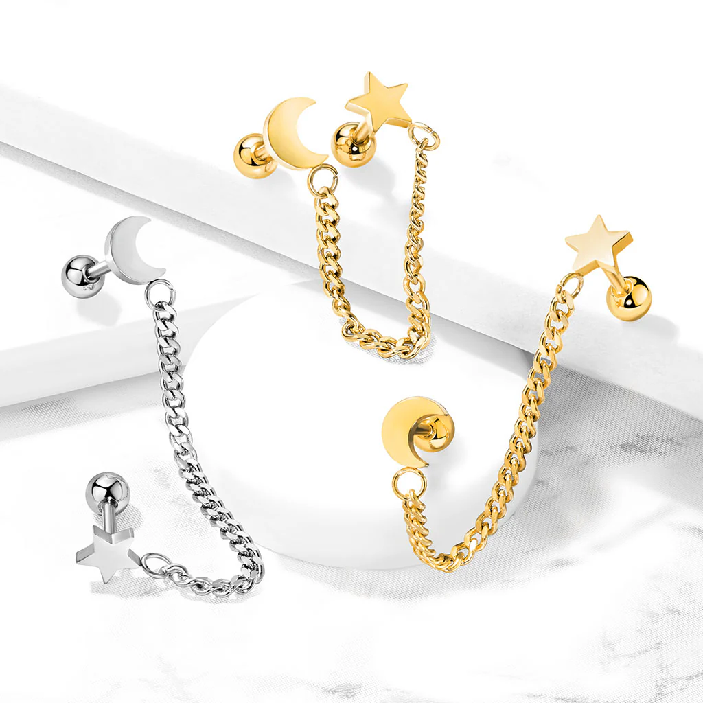 Star And Chain Linked Crescent Moon Ear Cartilage Helix Tragus Barbell Earrings - Image 7
