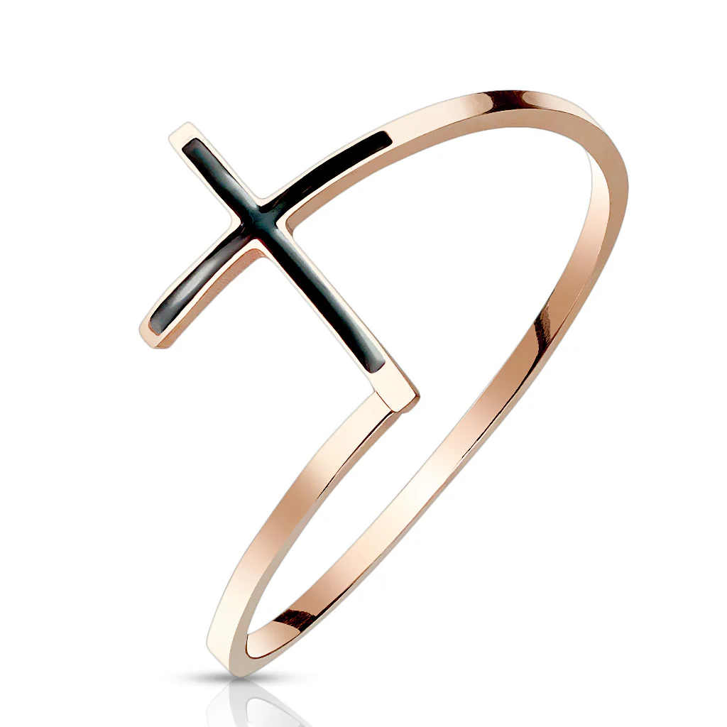 Black Enamel Cross Rose Gold PVD Plated Stainless Steel Ring - Image 2