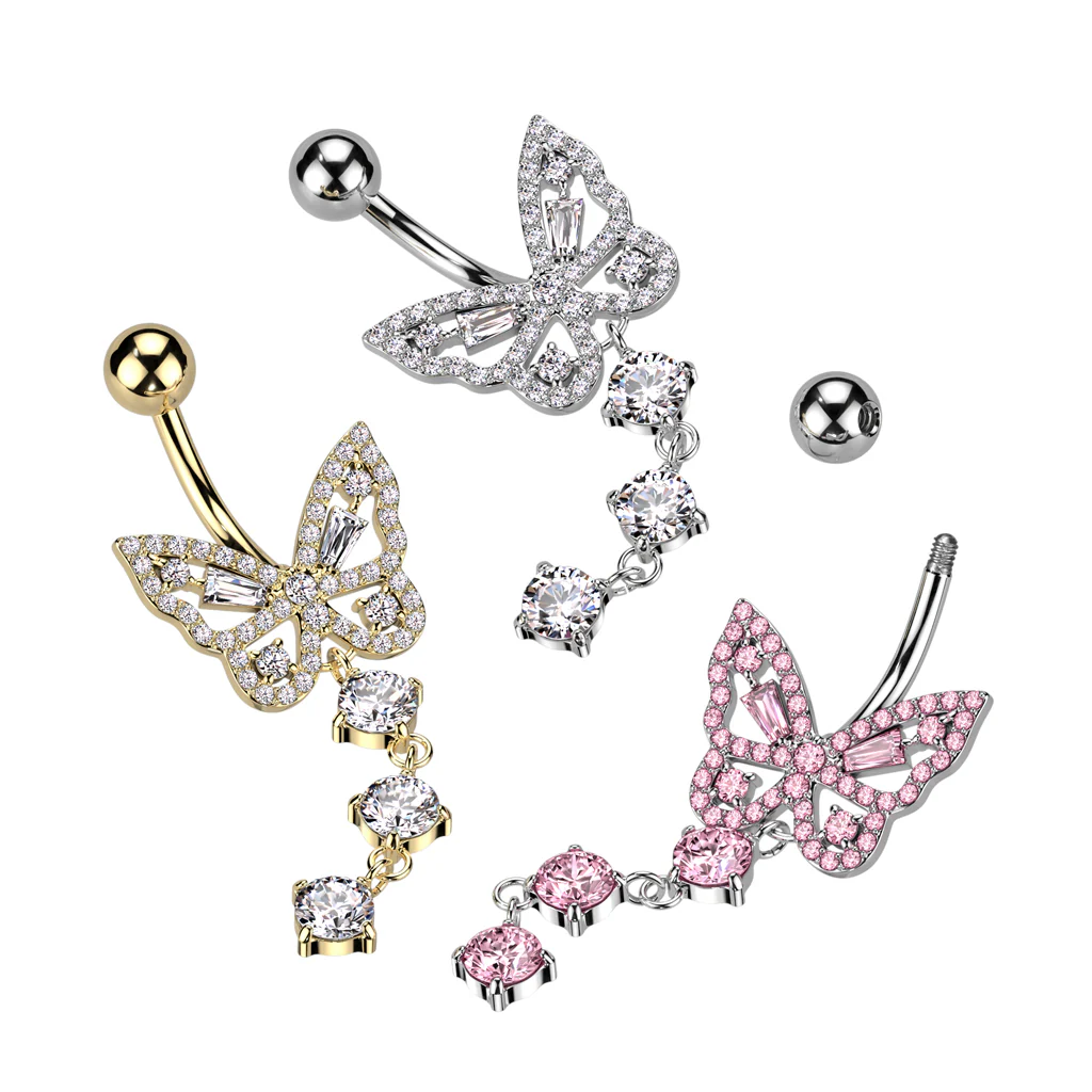 CZ Butterfly With 3 Round CZ Dangle Belly Button Navel Rings