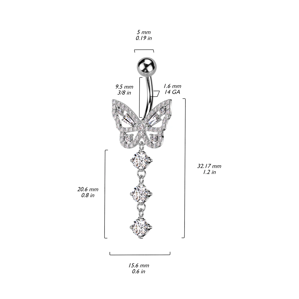 CZ Butterfly With 3 Round CZ Dangle Belly Button Navel Rings - Image 2