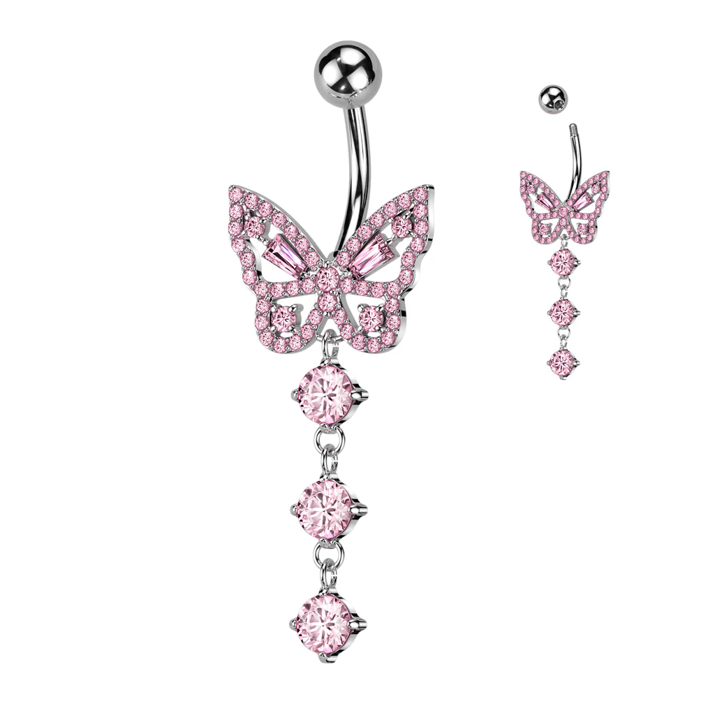 CZ Butterfly With 3 Round CZ Dangle Belly Button Navel Rings - Image 3