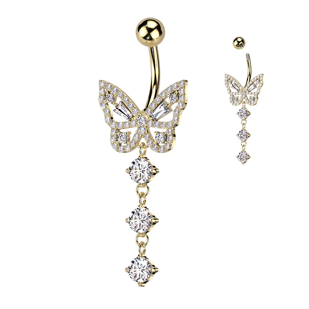 CZ Butterfly With 3 Round CZ Dangle Belly Button Navel Rings - Image 4