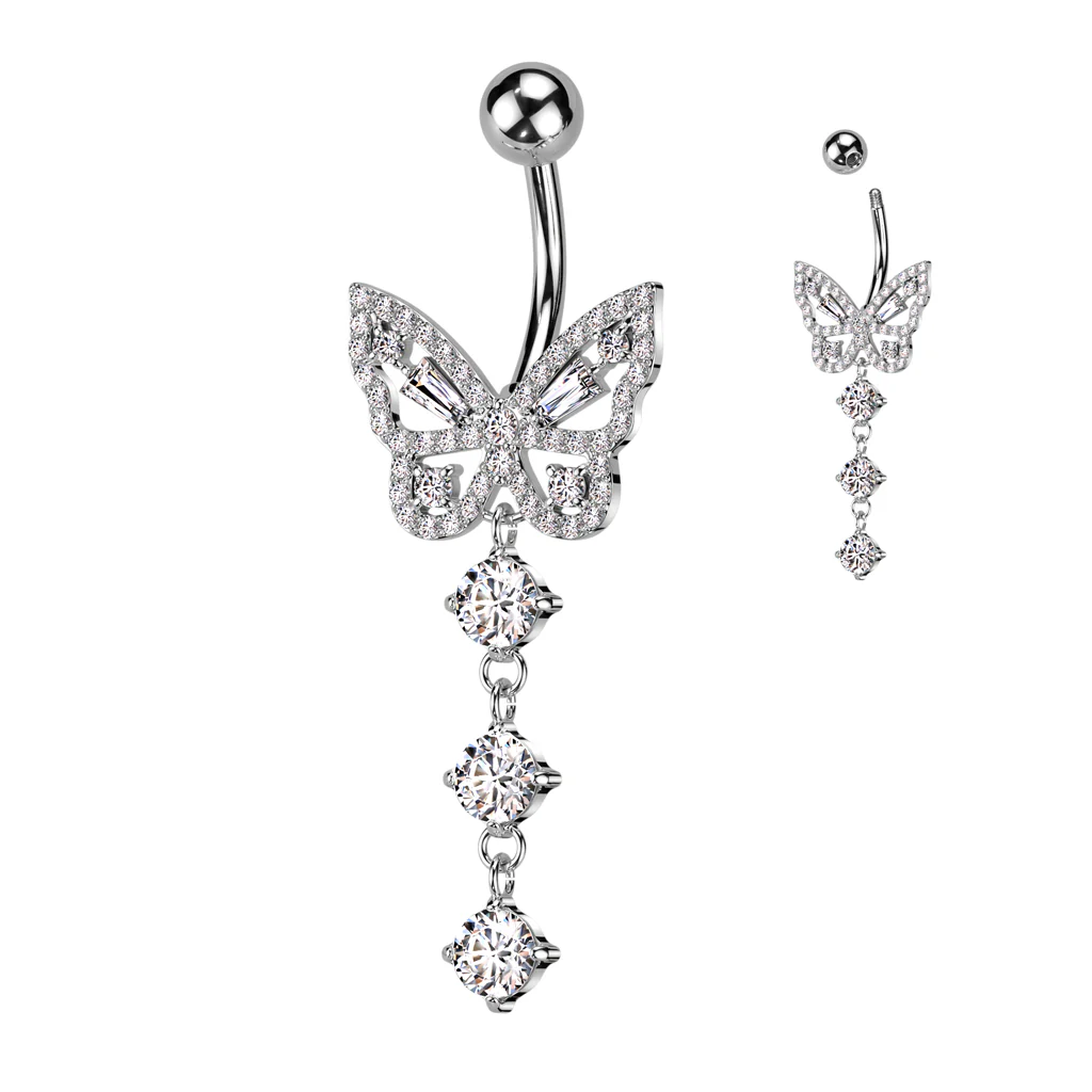 CZ Butterfly With 3 Round CZ Dangle Belly Button Navel Rings - Image 5