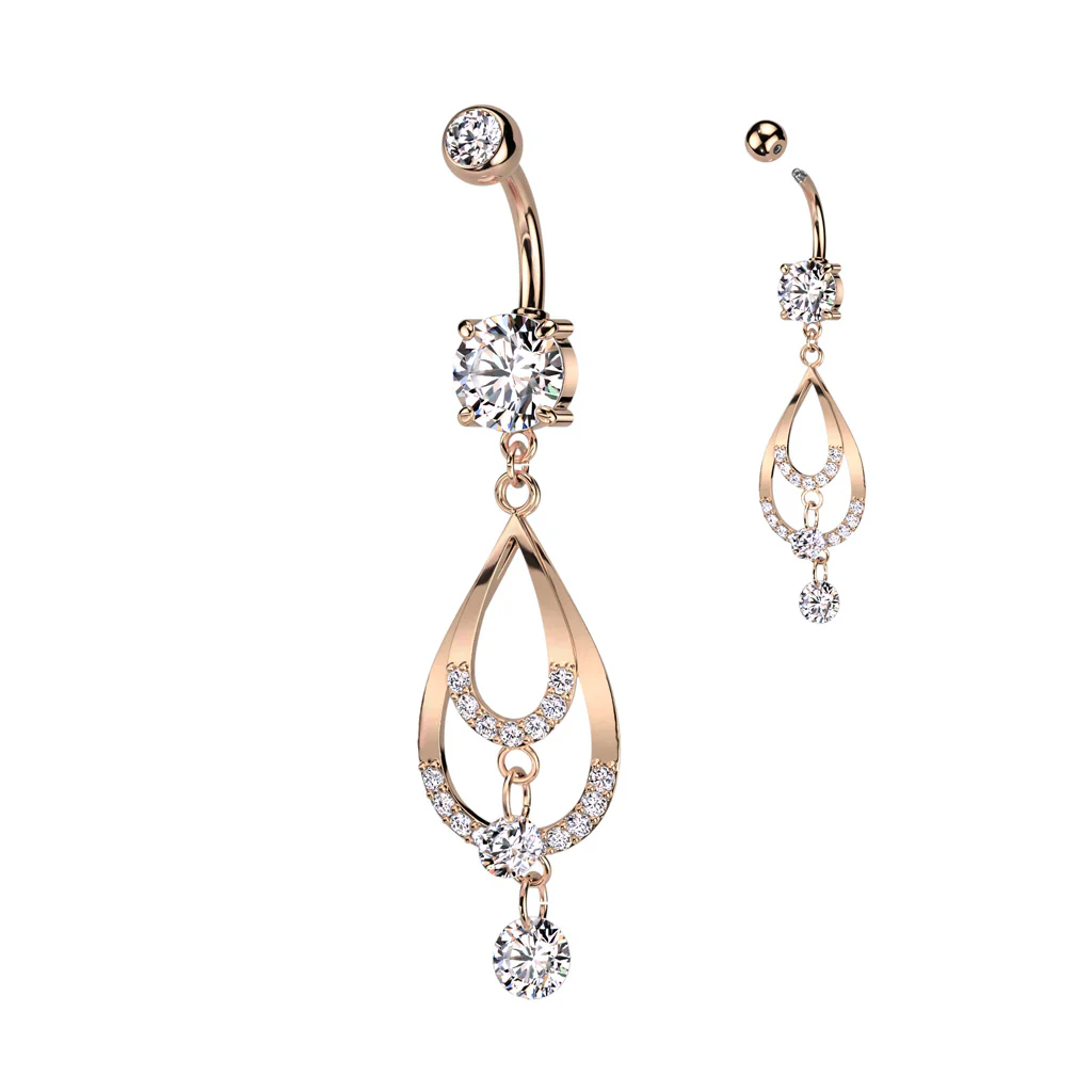 Double CZ Pave Tear Drop & CZ Dangle Belly Button Navel Rings - Image 3