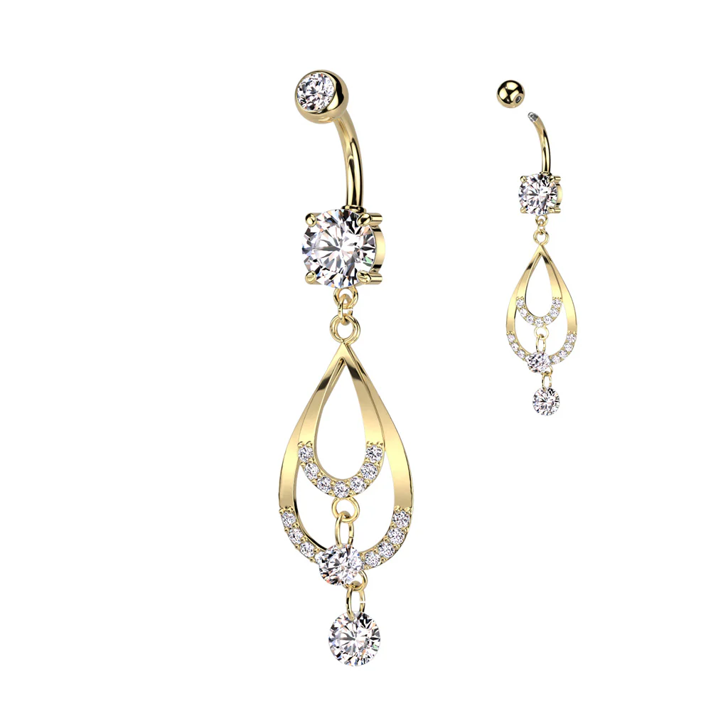 Double CZ Pave Tear Drop & CZ Dangle Belly Button Navel Rings - Image 4
