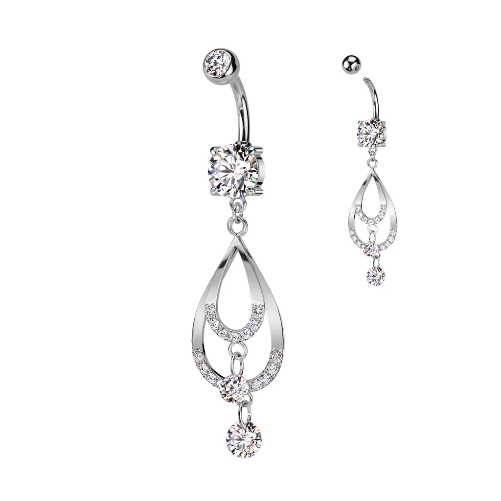Double CZ Pave Tear Drop & CZ Dangle Belly Button Navel Rings - Image 5