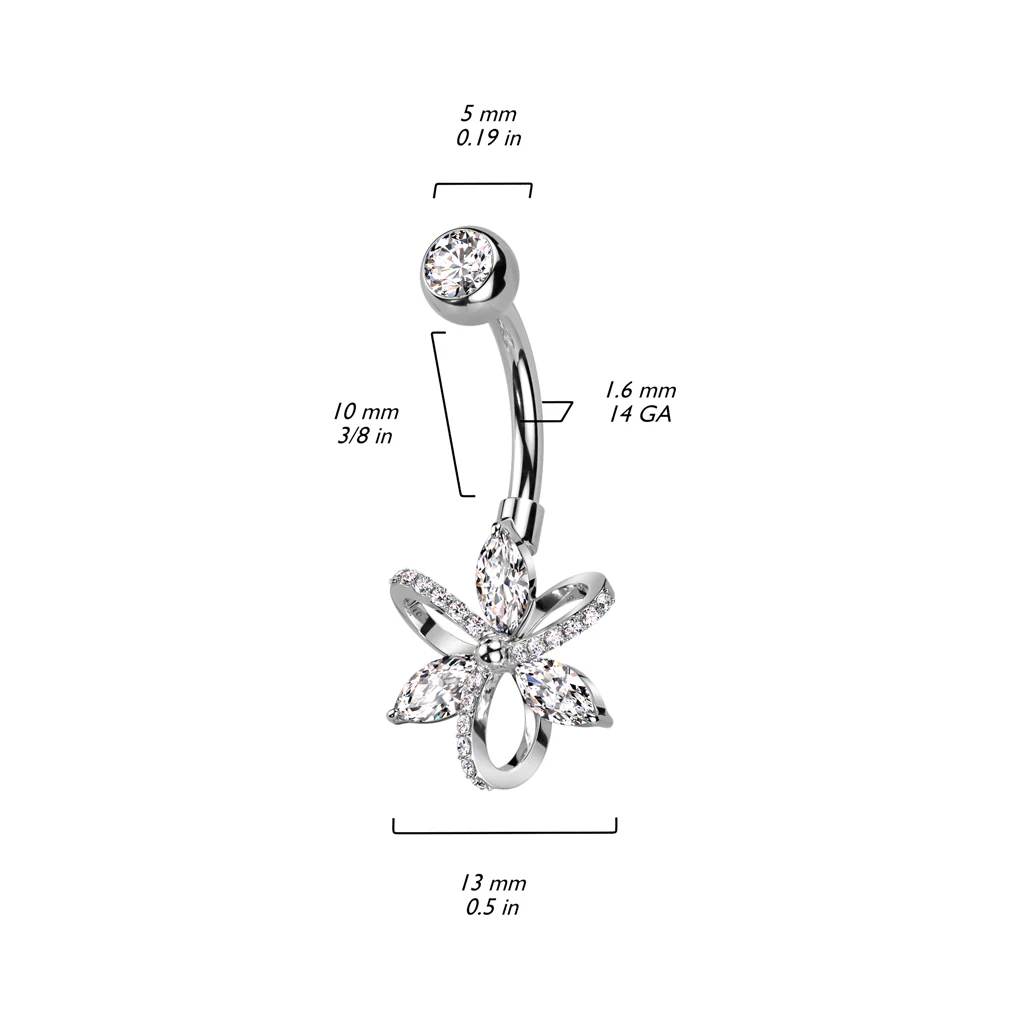 3 Marquise CZ and 3 Hollow Pave CZ Petals Belly Button Navel Ring - Image 2