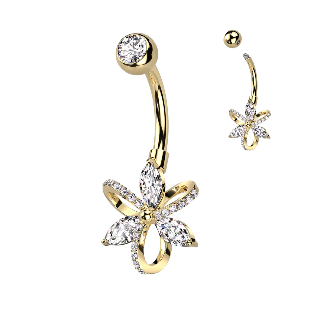 3 Marquise CZ and 3 Hollow Pave CZ Petals Belly Button Navel Ring - Image 4