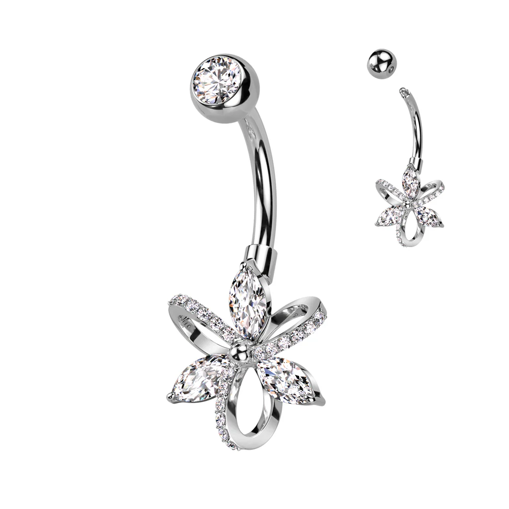 3 Marquise CZ and 3 Hollow Pave CZ Petals Belly Button Navel Ring - Image 5
