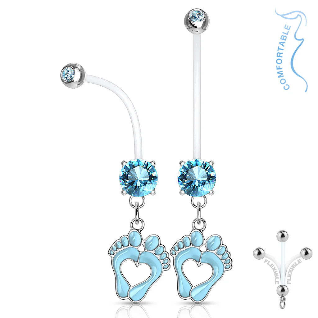 Heart Baby Feet Dangle CZ Pregnancy Bio Flex Barbell Navel Belly Button Ring - Image 4
