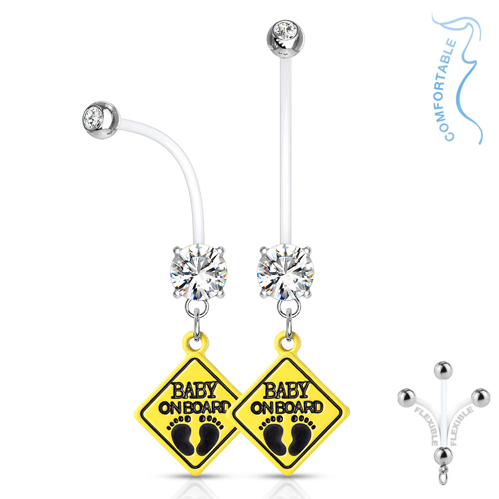 Double CZ Prong Set Baby On Board Sign Pregnancy Bio Flex Barbell Navel Belly Button Ring - Image 2