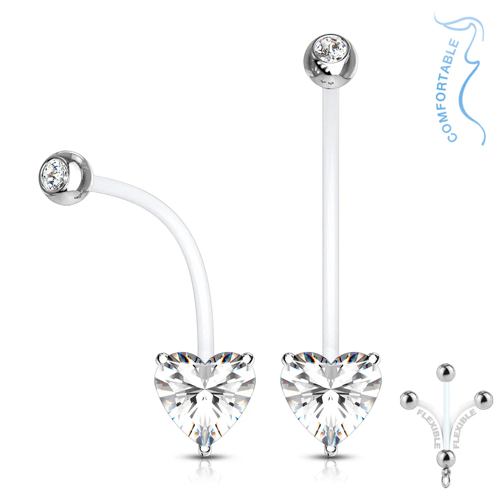 Double CZ Prong Heart CZ Pregnancy BioFlex Barbell Navel Belly Button Ring - Image 2