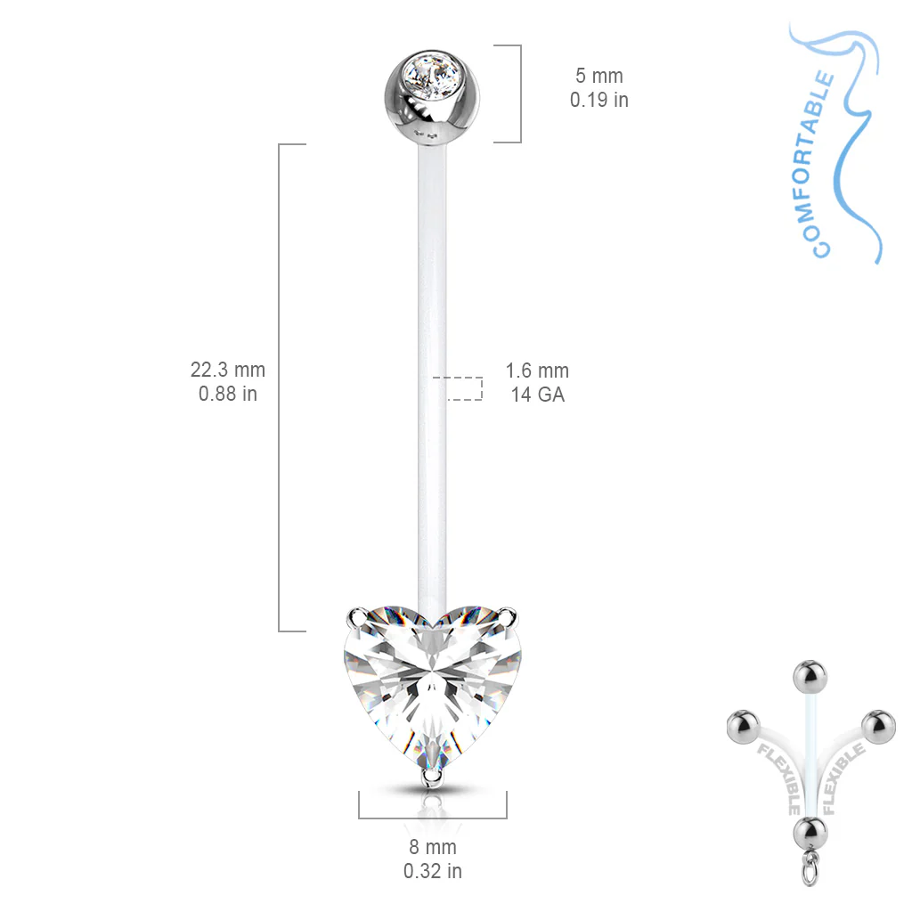 Double CZ Prong Heart CZ Pregnancy BioFlex Barbell Navel Belly Button Ring - Image 3