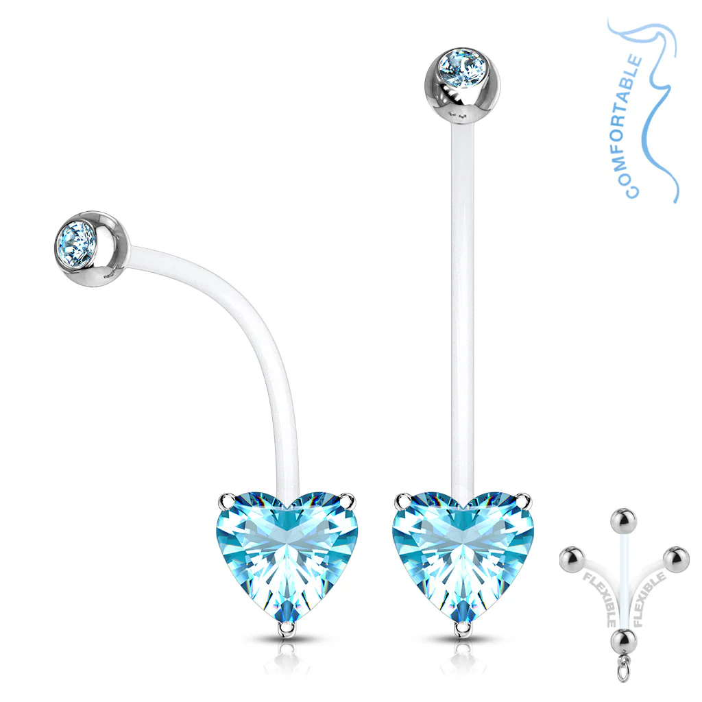 Double CZ Prong Heart CZ Pregnancy BioFlex Barbell Navel Belly Button Ring - Image 4