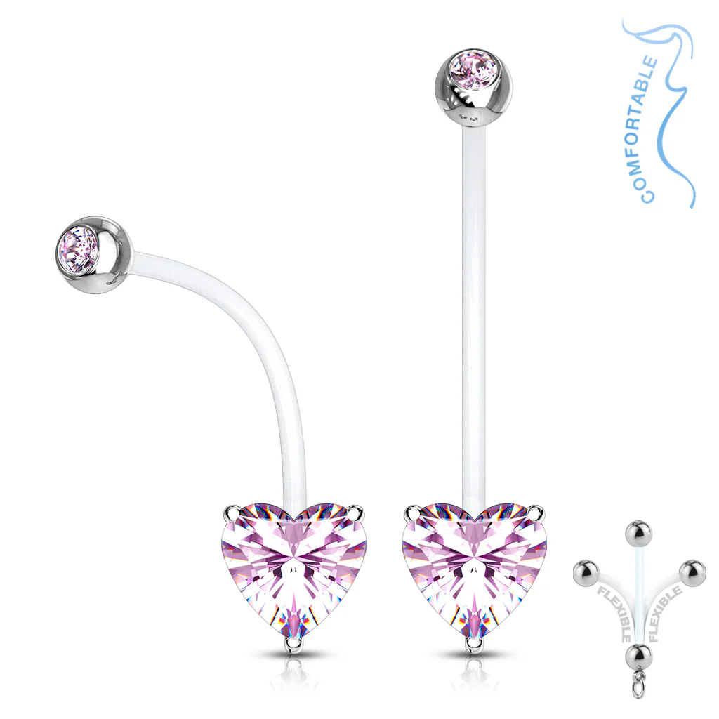 Double CZ Prong Heart CZ Pregnancy BioFlex Barbell Navel Belly Button Ring - Image 5