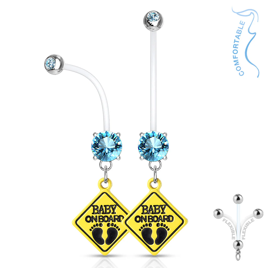 Double CZ Prong Set Baby On Board Sign Pregnancy Bio Flex Barbell Navel Belly Button Ring - Image 3
