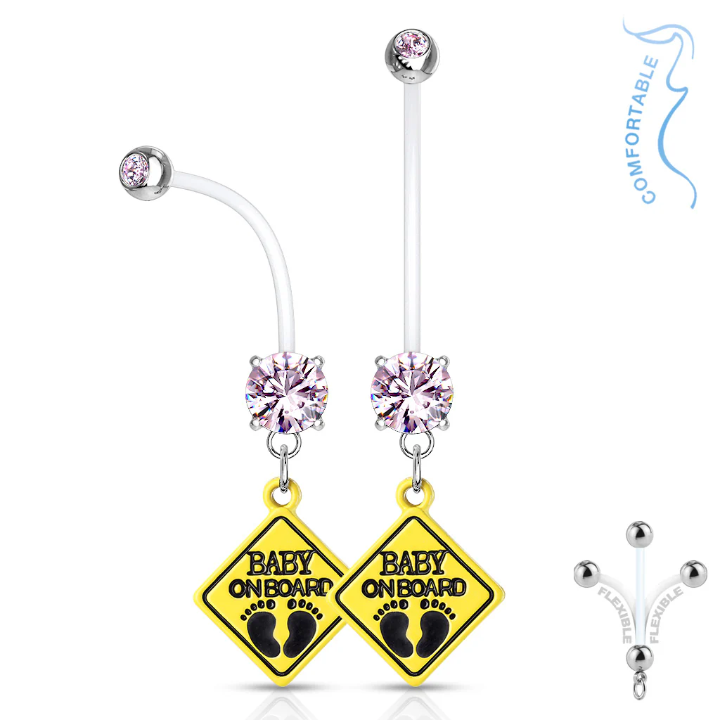 Double CZ Prong Set Baby On Board Sign Pregnancy Bio Flex Barbell Navel Belly Button Ring - Image 5