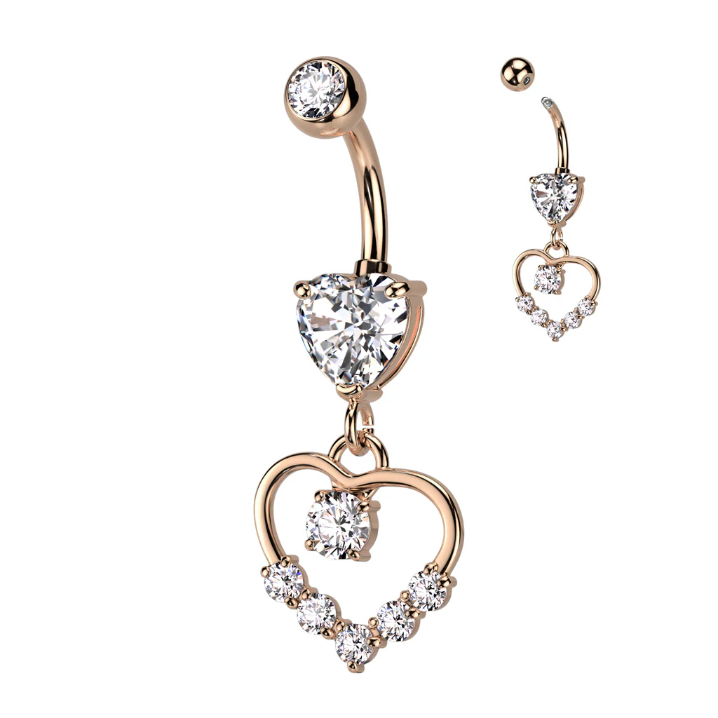 Heart Shaped CZ With Hollow Heart Pave Dangle Belly Button Navel Rings - Image 3
