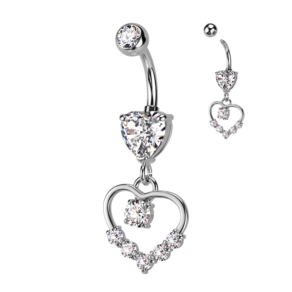 Heart Shaped CZ With Hollow Heart Pave Dangle Belly Button Navel Rings - Image 5