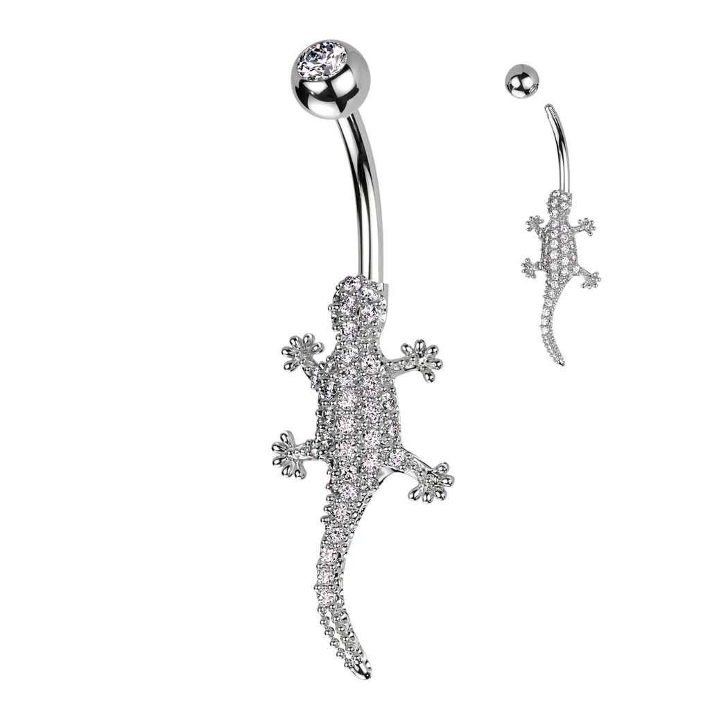 316L Surgical Steel Pave Clear CZ Lizard Belly Button Ring - Image 4